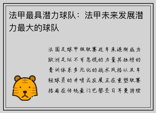 法甲最具潜力球队：法甲未来发展潜力最大的球队